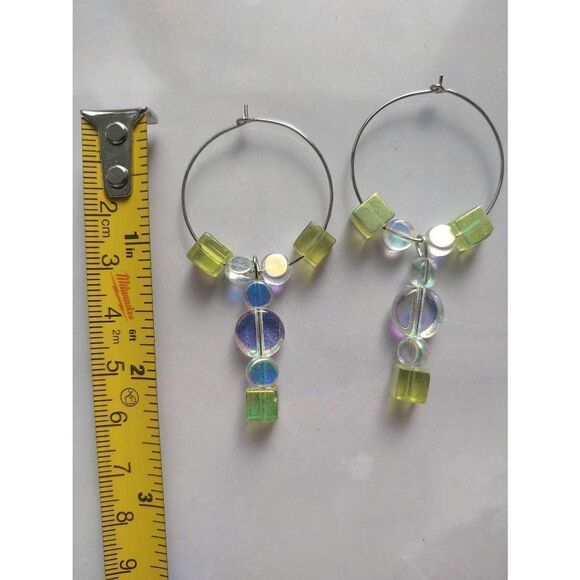 Handmade 2 1/2" Long Iridescent/Green Glass Beaded Earrings - Picture 3 of 4